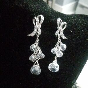 Vintage  925 Silver And Crystal Chandelier Bow Dangle Earrings